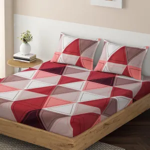 140 GSM Microfiber Fitted Bedsheet with 2 Pillow Covers for Queen / King Size bed, Carmine Red Triangular Bliss