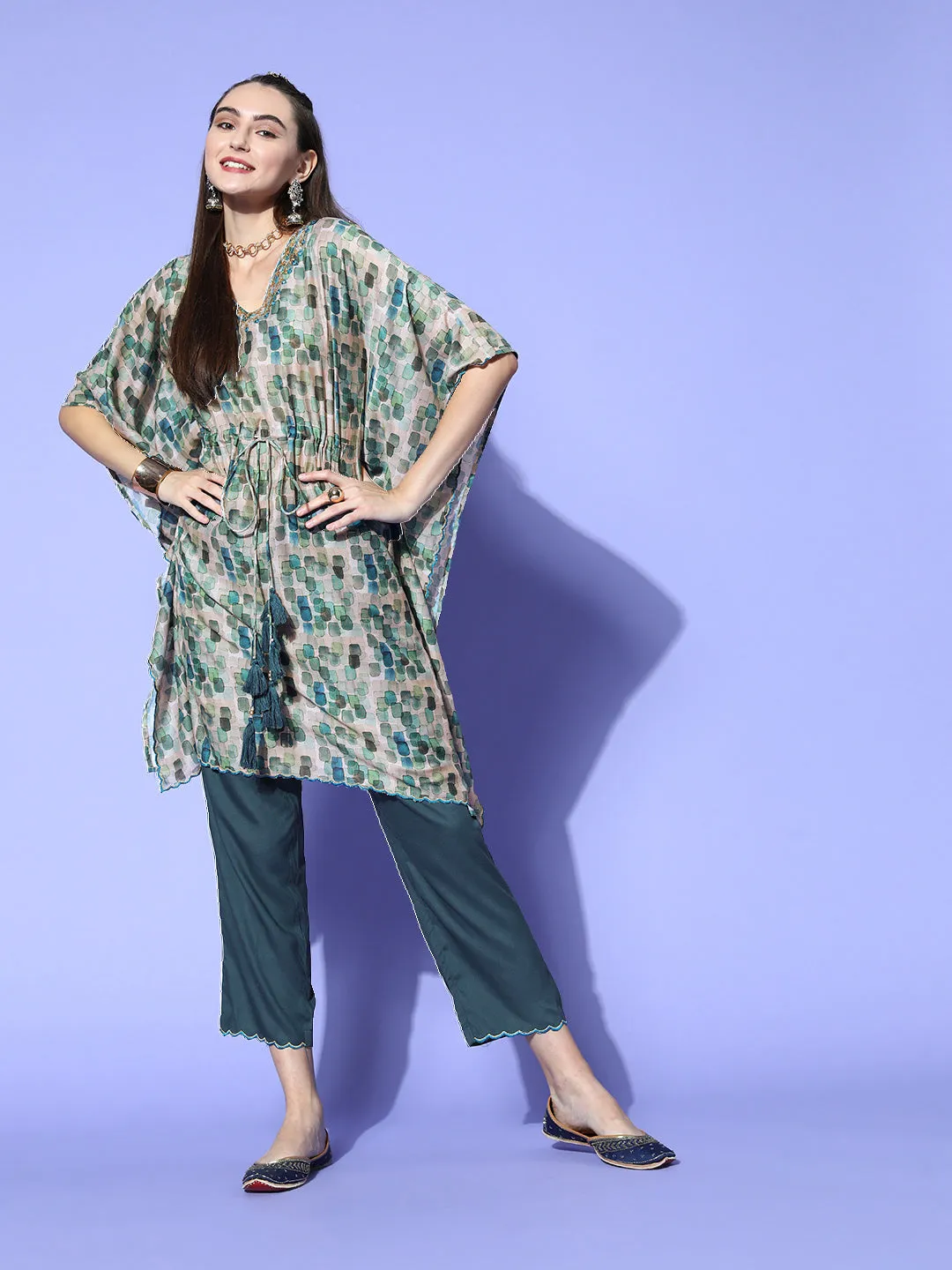 A Green Abstracted Print Muslin Embroidered Kaftan With A Solid Regular Fit Pants