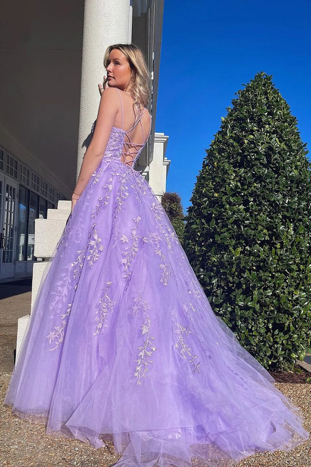 A Line Open Back Purple Lace Long Prom Dresses, Purple Lace Formal Dresses, Purple Evening Dresses A1872