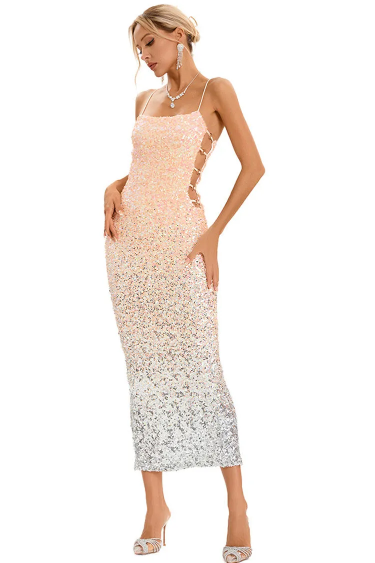 Amozae-Sparkly Ombre Sequin Spaghetti Strap Cutout Side Cocktail Midi Dress - Pink