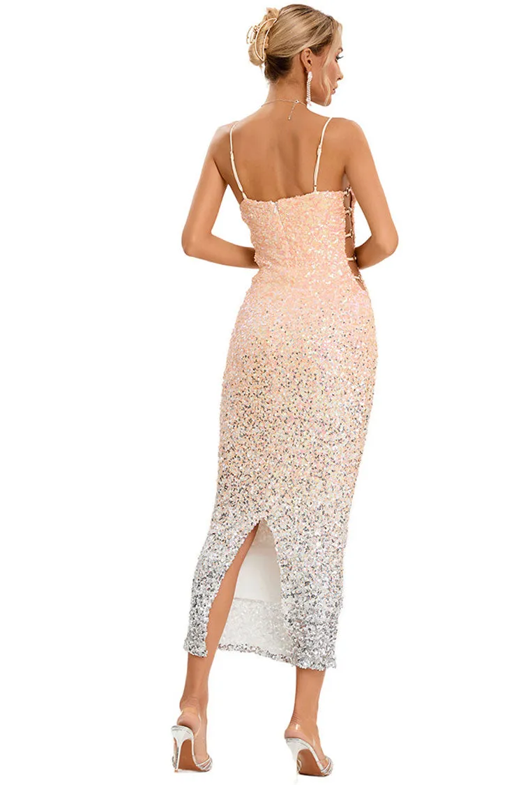 Amozae-Sparkly Ombre Sequin Spaghetti Strap Cutout Side Cocktail Midi Dress - Pink