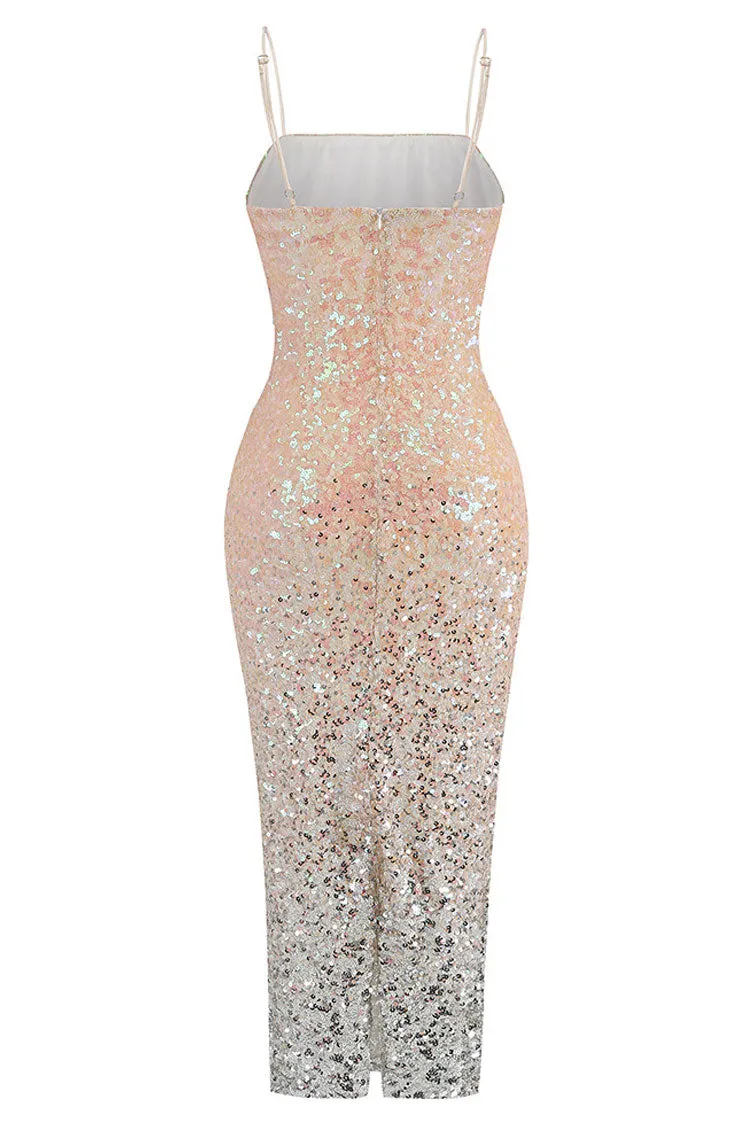 Amozae-Sparkly Ombre Sequin Spaghetti Strap Cutout Side Cocktail Midi Dress - Pink