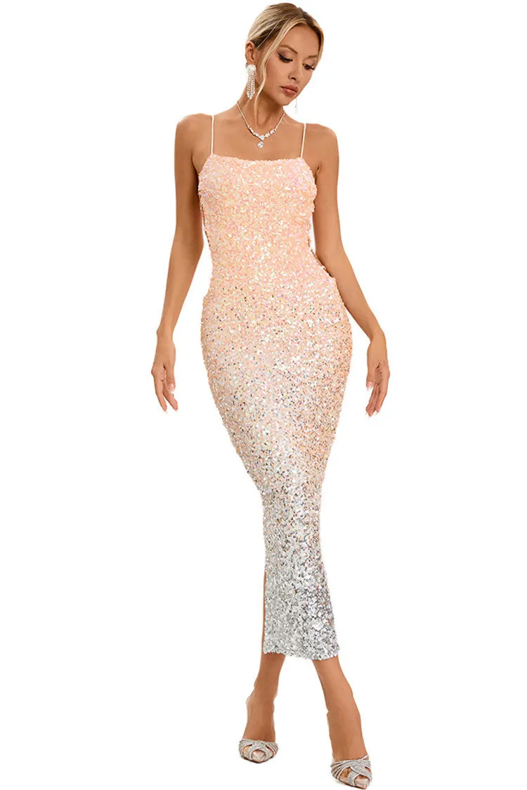 Amozae-Sparkly Ombre Sequin Spaghetti Strap Cutout Side Cocktail Midi Dress - Pink