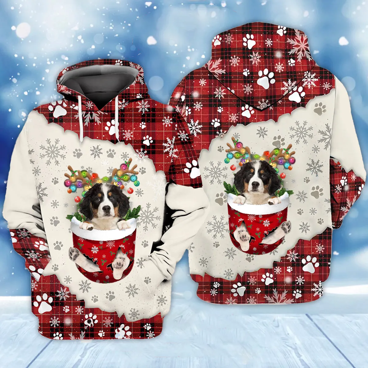 Bernese Mountain Dog In Snow Pocket Merry Christmas Unisex Hoodie