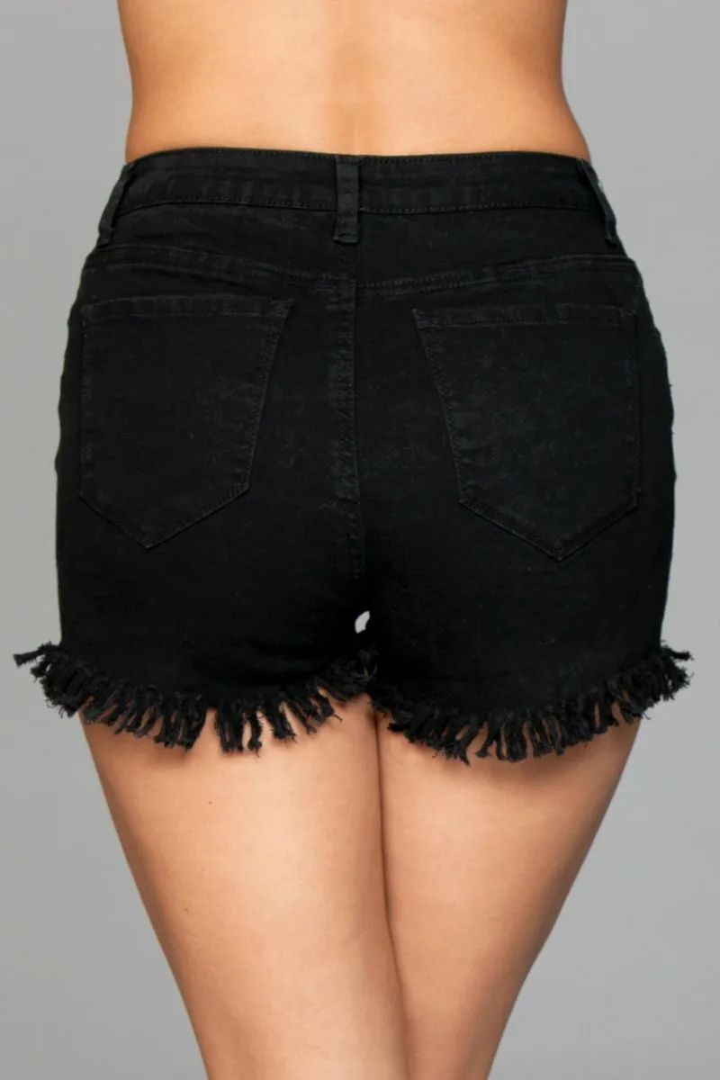 BeWicked J9BK Fringed Button Up Shorts - Black