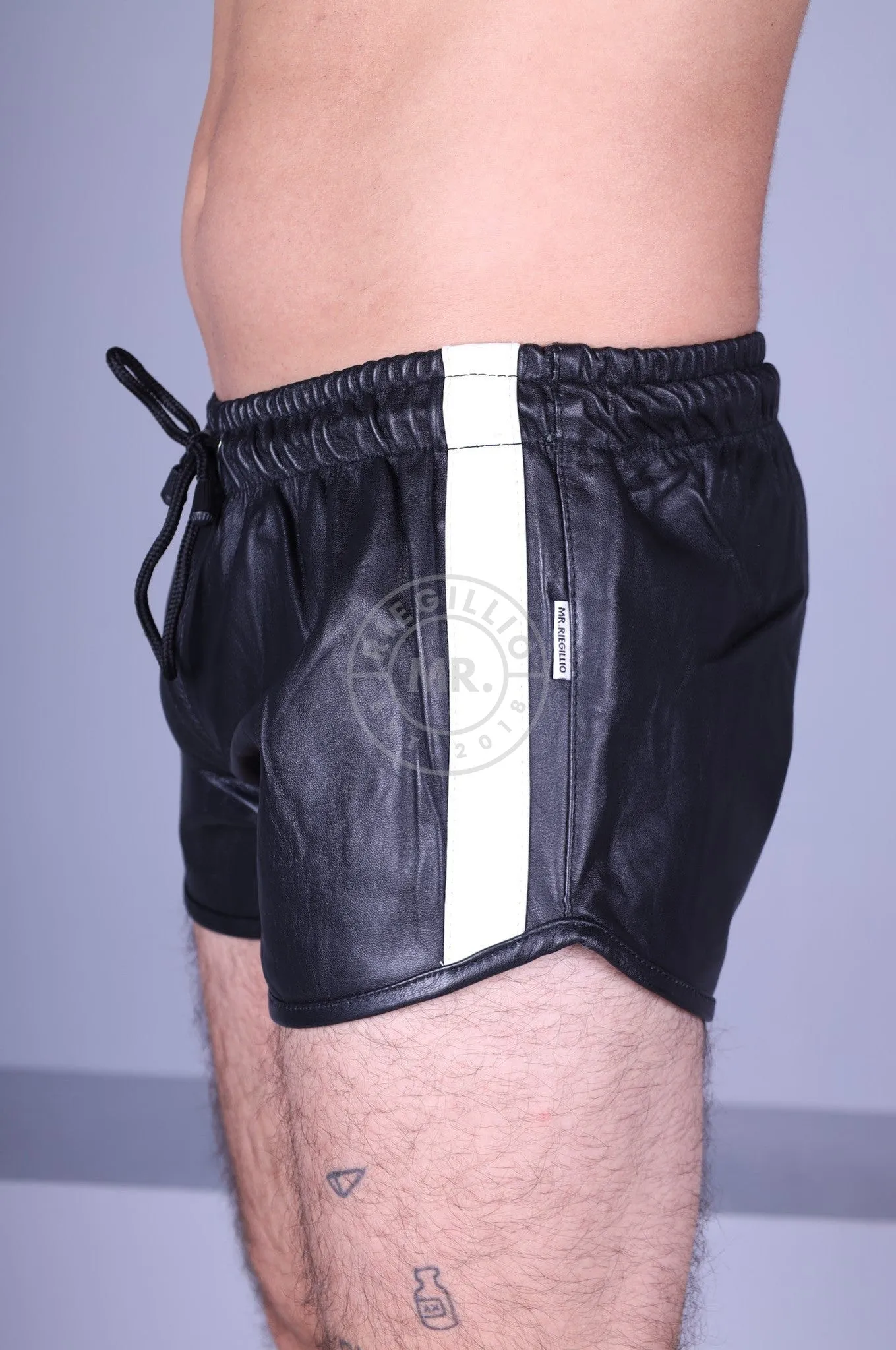 Black Leather Mini Short - WHITE STRIPE