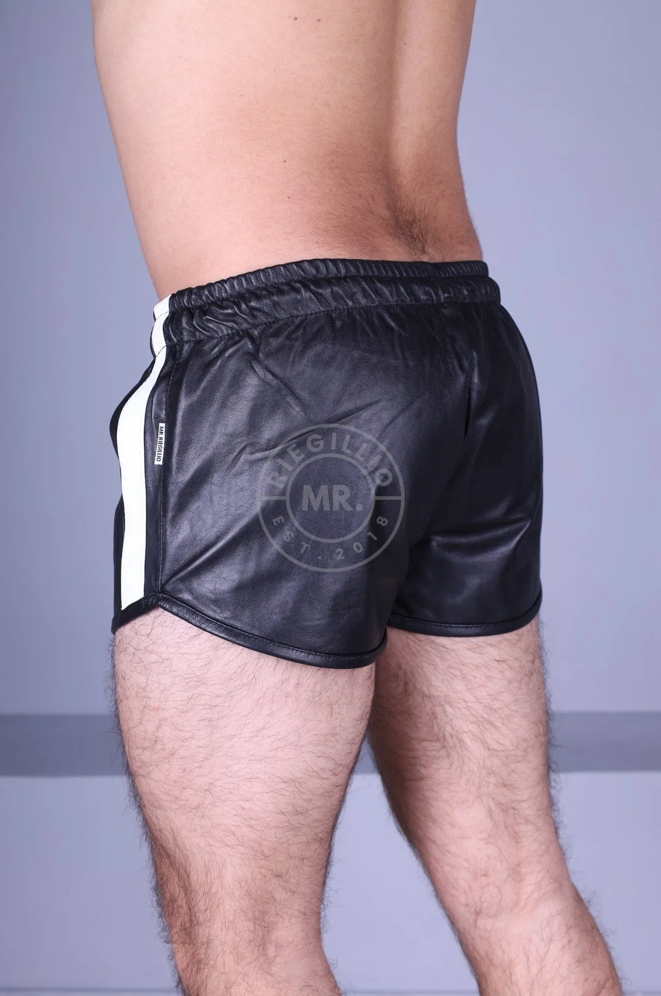 Black Leather Mini Short - WHITE STRIPE