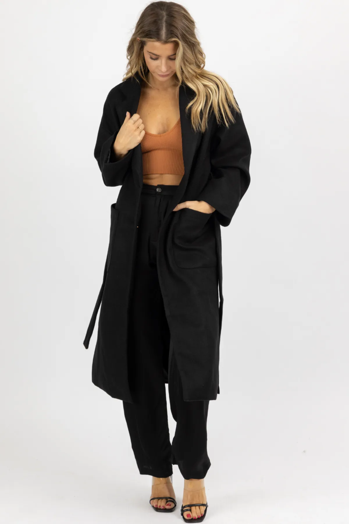 BLACK OVERSIZE BELTED TRENCH COAT