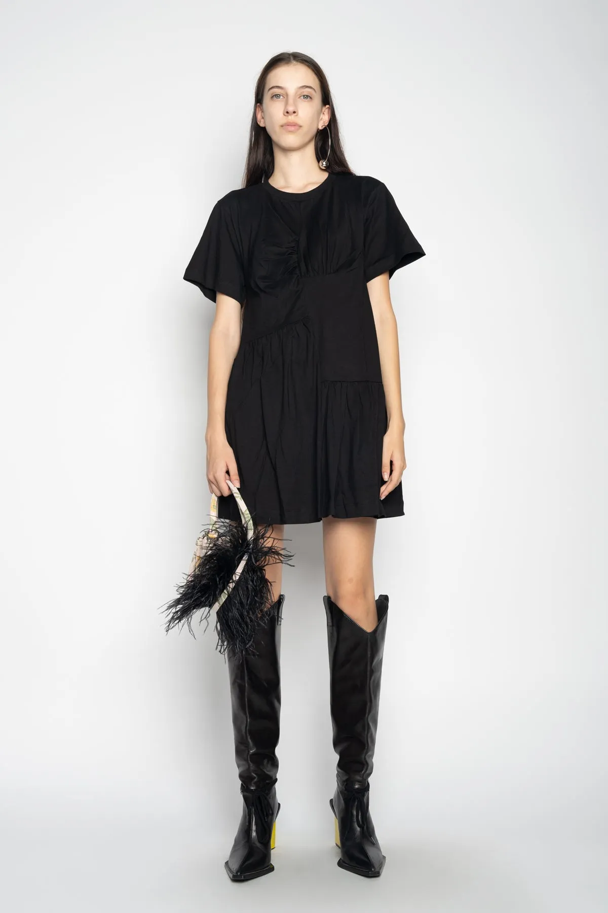 BLACK PANELLED GATHERED DRESS