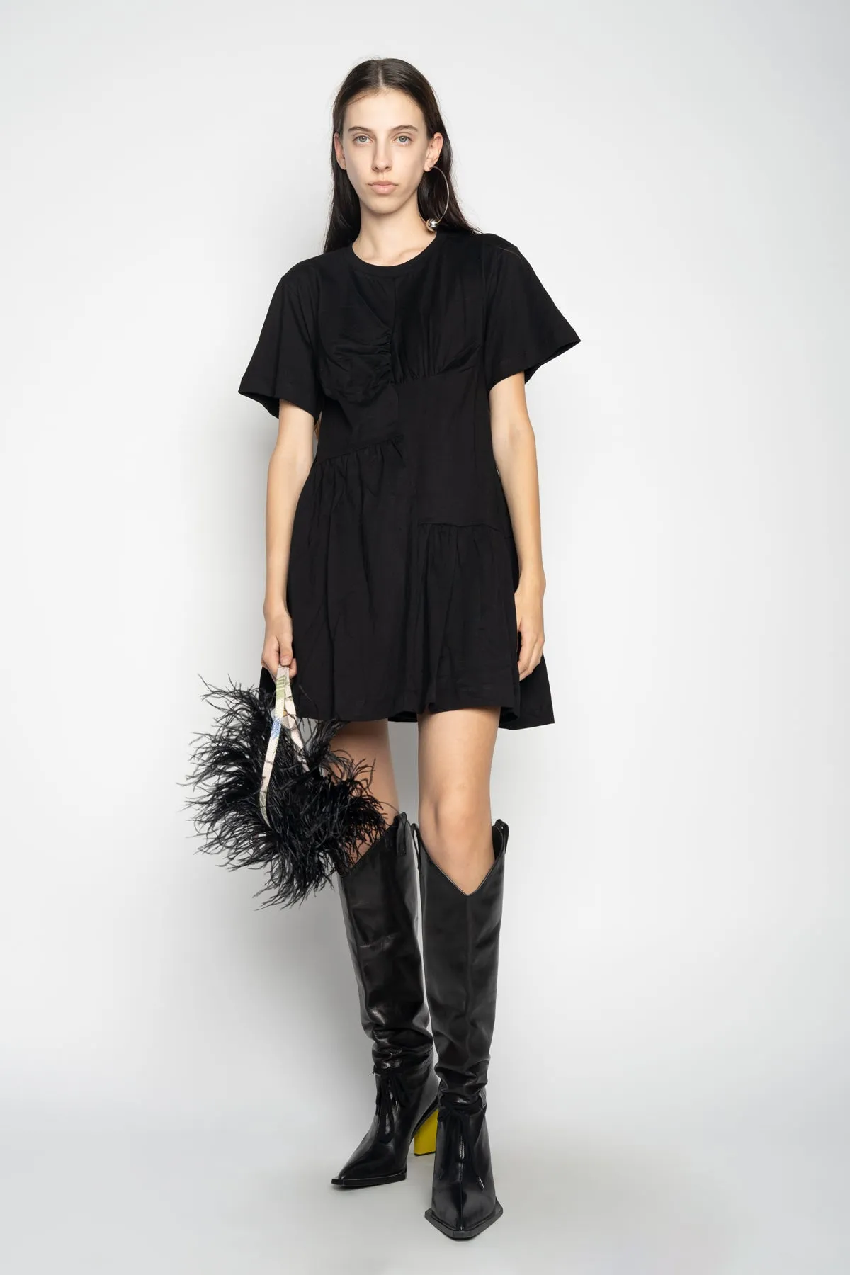 BLACK PANELLED GATHERED DRESS