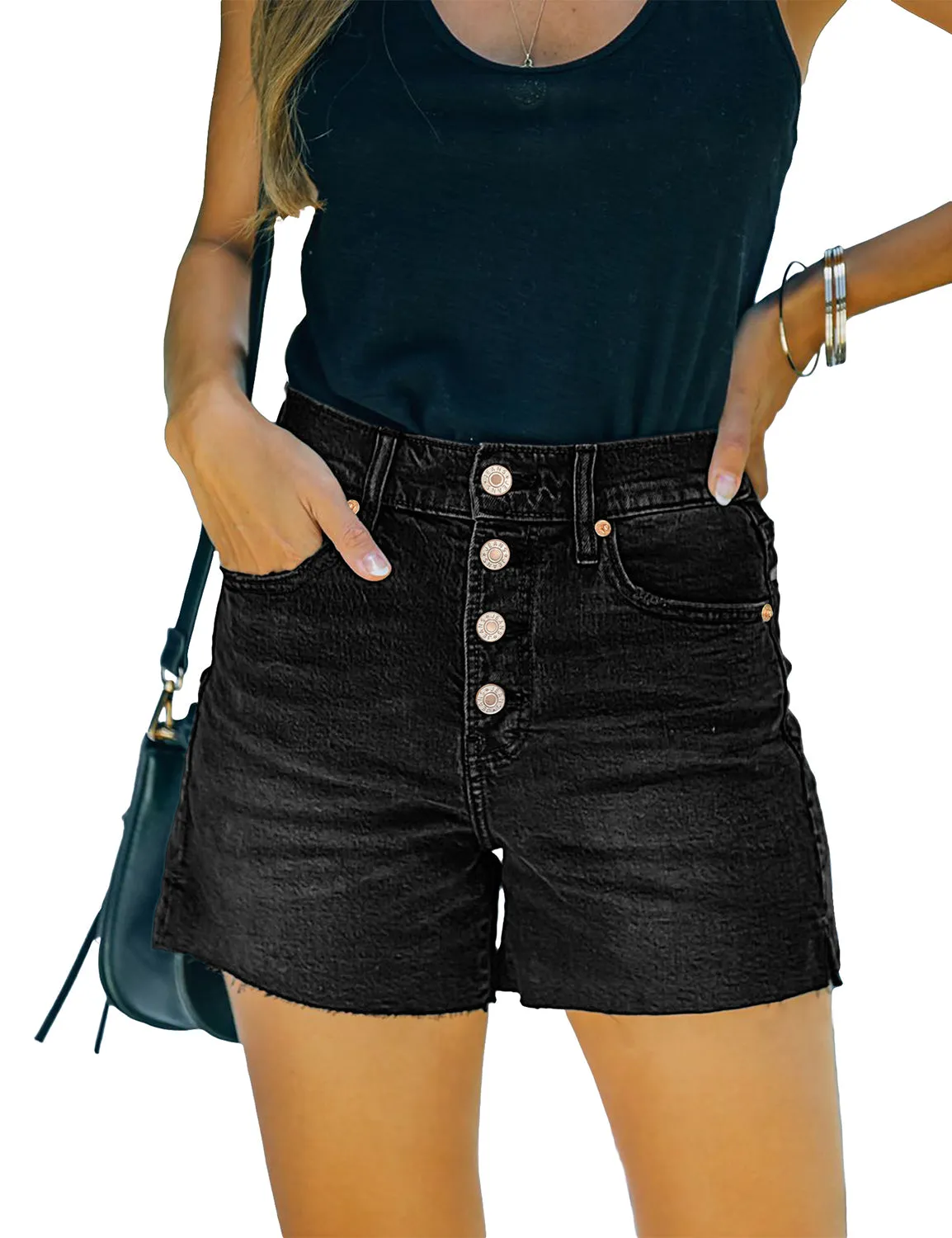 Black Raw Hem Button-Up Denim Shorts