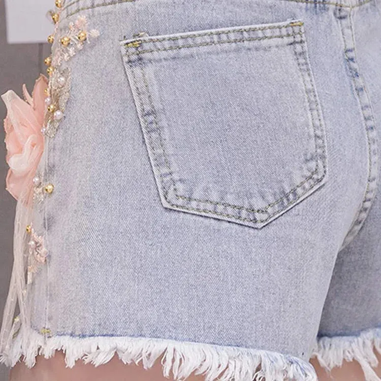 Blossom Flowers Embroidery High Waist Denim Shorts