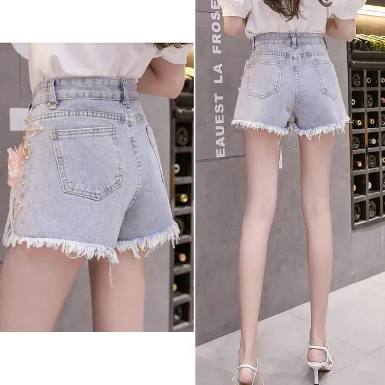 Blossom Flowers Embroidery High Waist Denim Shorts