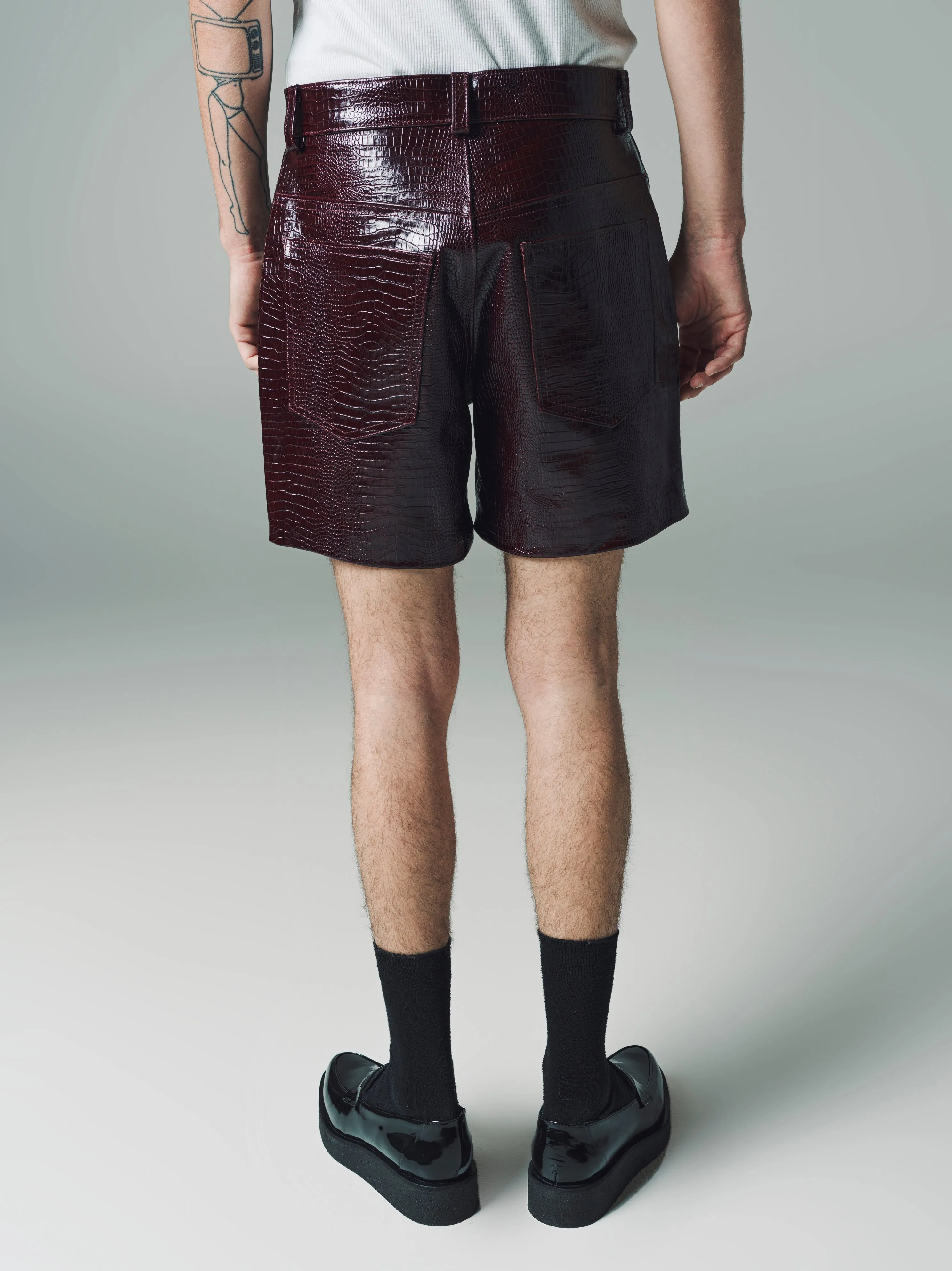 Brown Leather Crocodile Five Pocket Leather Shorts