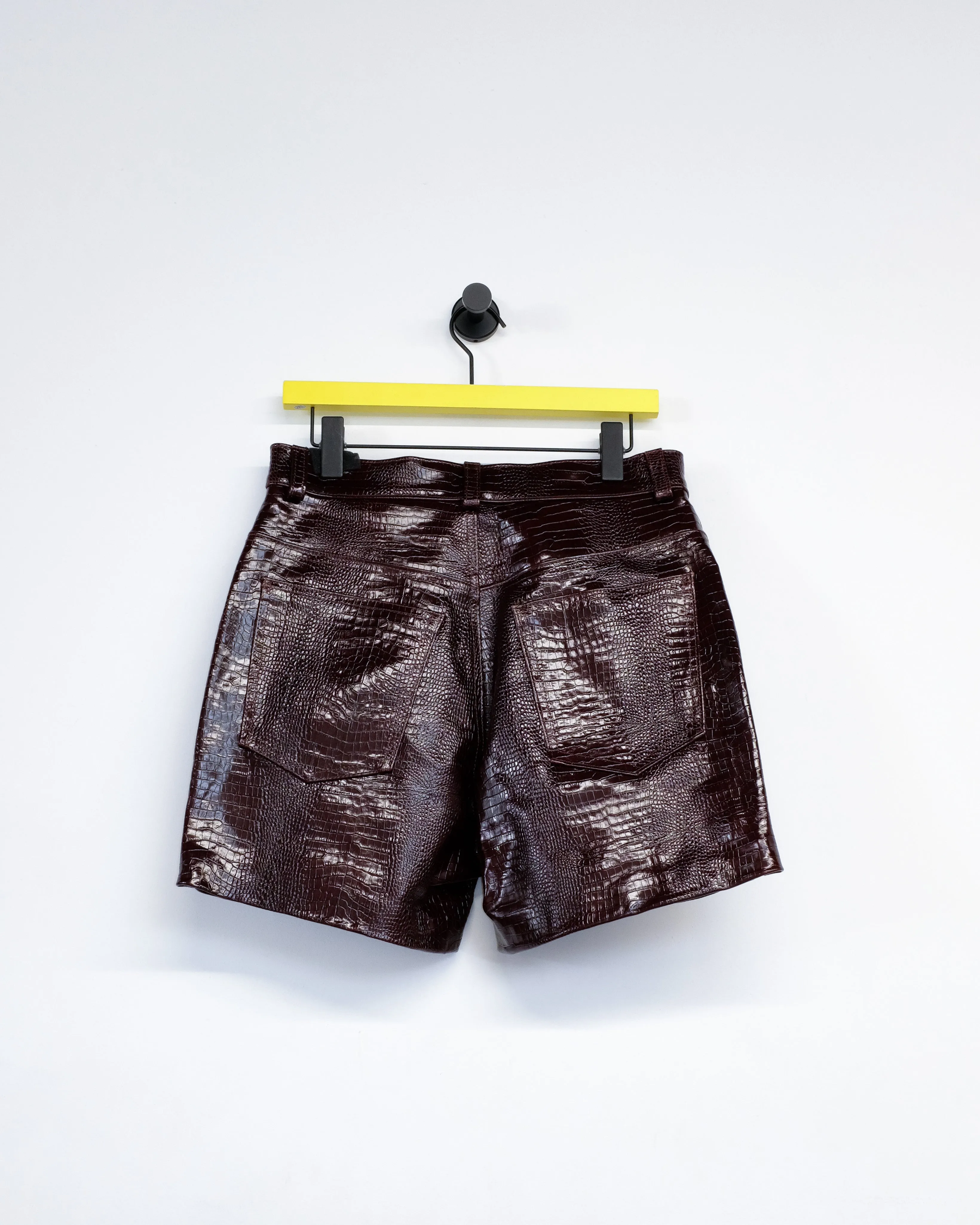 Brown Leather Crocodile Five Pocket Leather Shorts