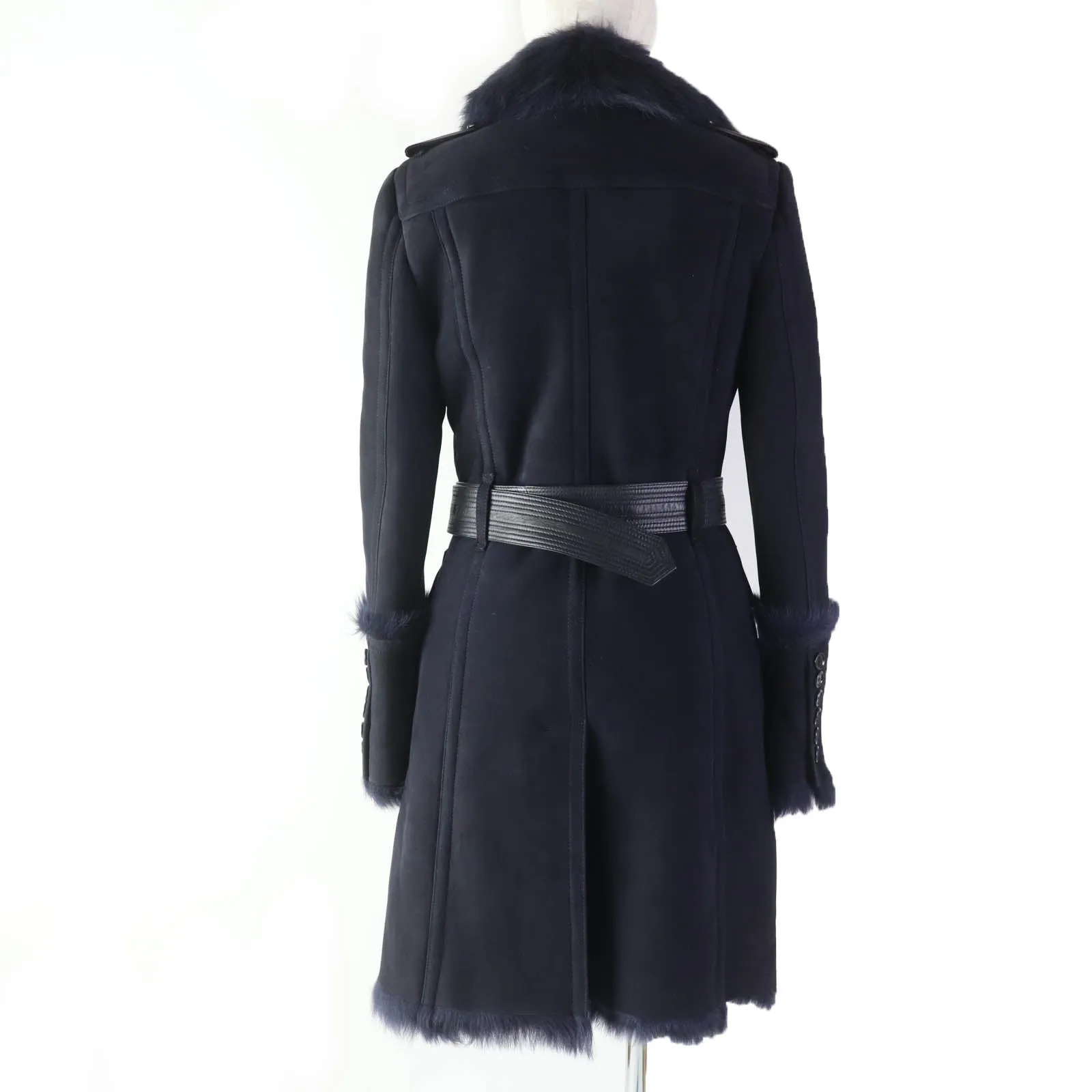 Burberry Mouton Lamb Leather Trench Coat Navy