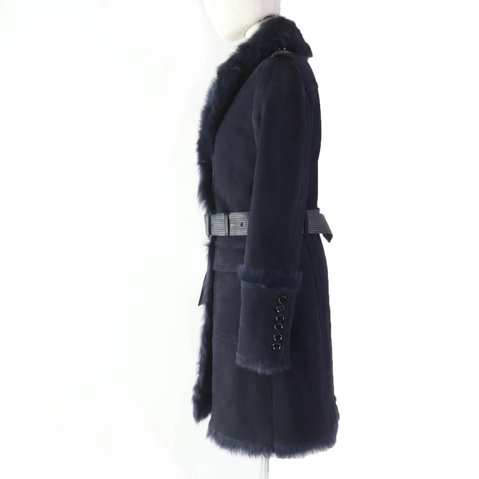 Burberry Mouton Lamb Leather Trench Coat Navy