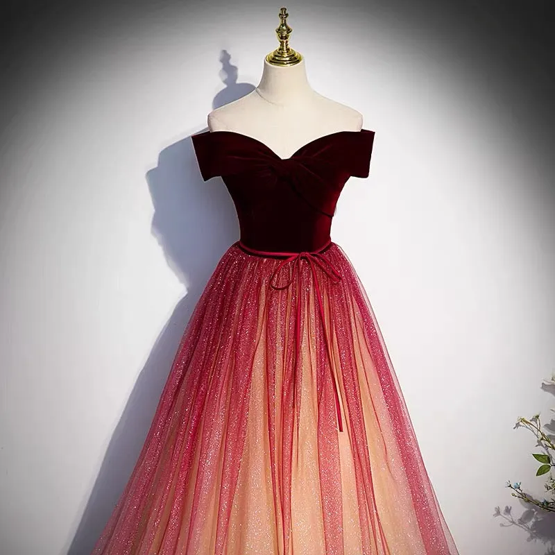 Burgundy Fairytale Off Shoulders Gradient Prom Dress