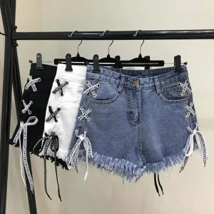 Chic Letter High Waist Denim Hot Shorts