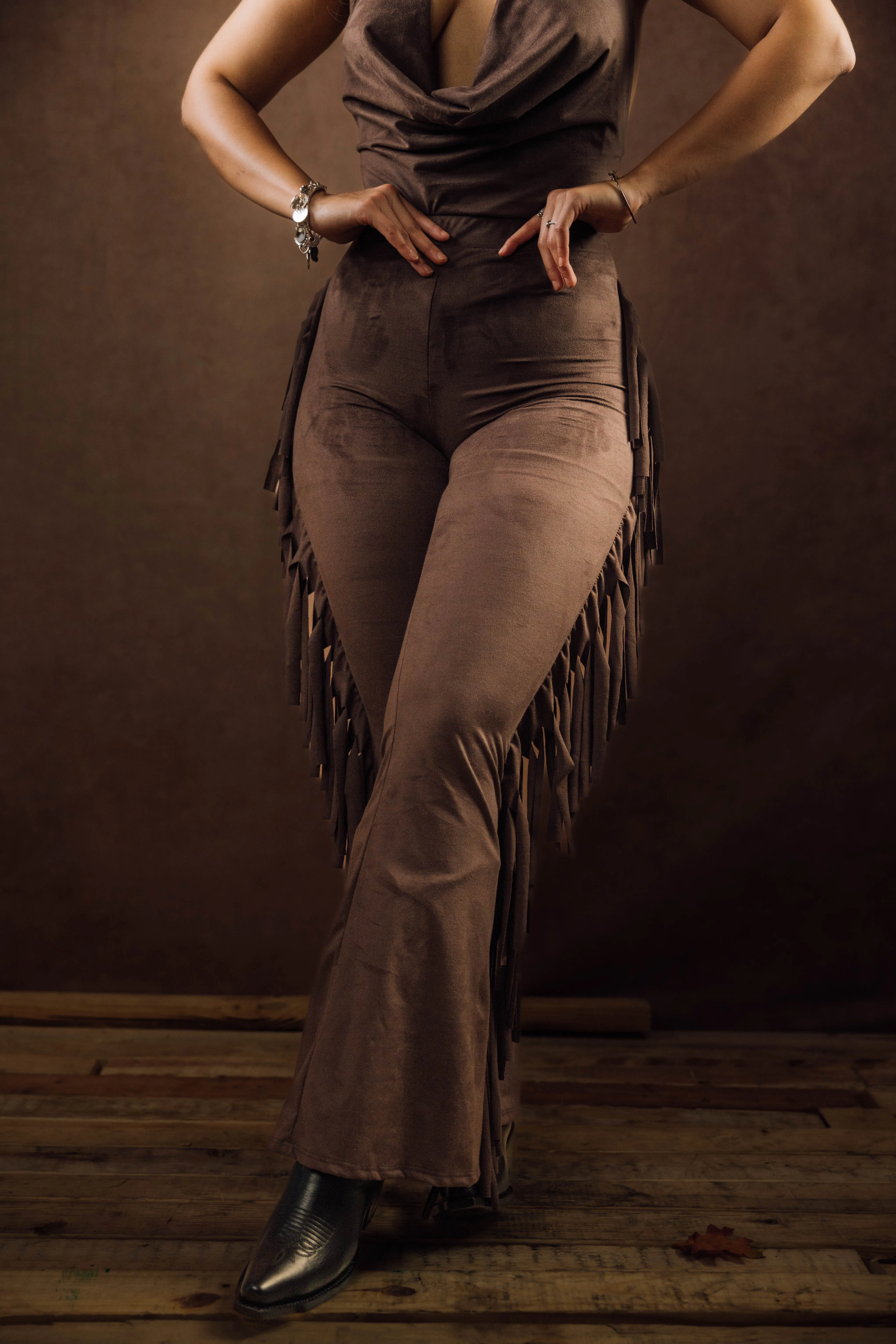 Cowl Neck Bodysuit & Side Fringe Pants Set