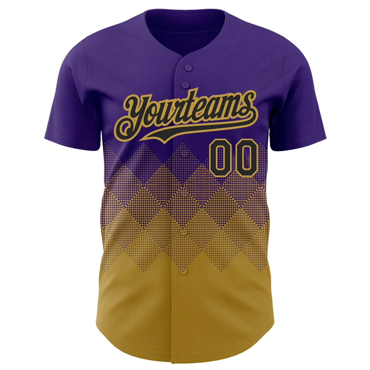 Custom Purple Black-Old Gold 3D Pattern Design Gradient Square Shapes Authentic Baseball Jersey