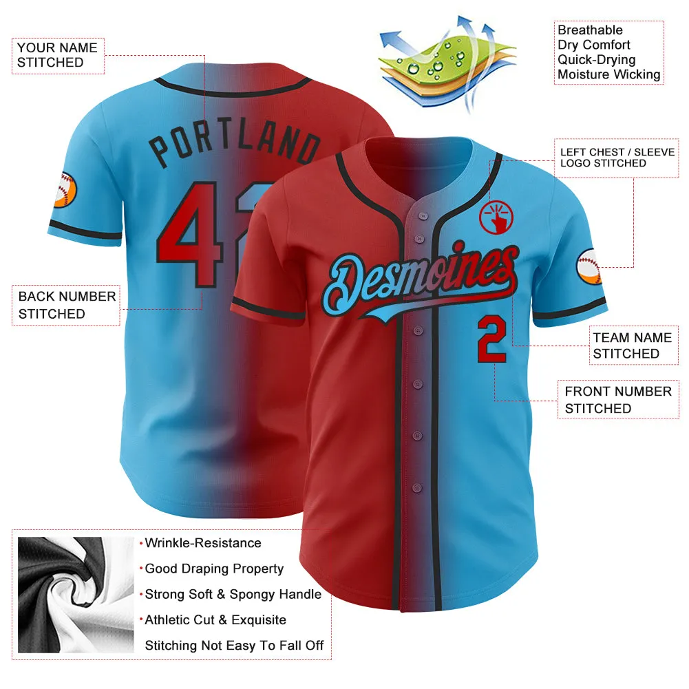 Custom Sky Blue Red-Black Authentic Gradient Fashion Baseball Jersey