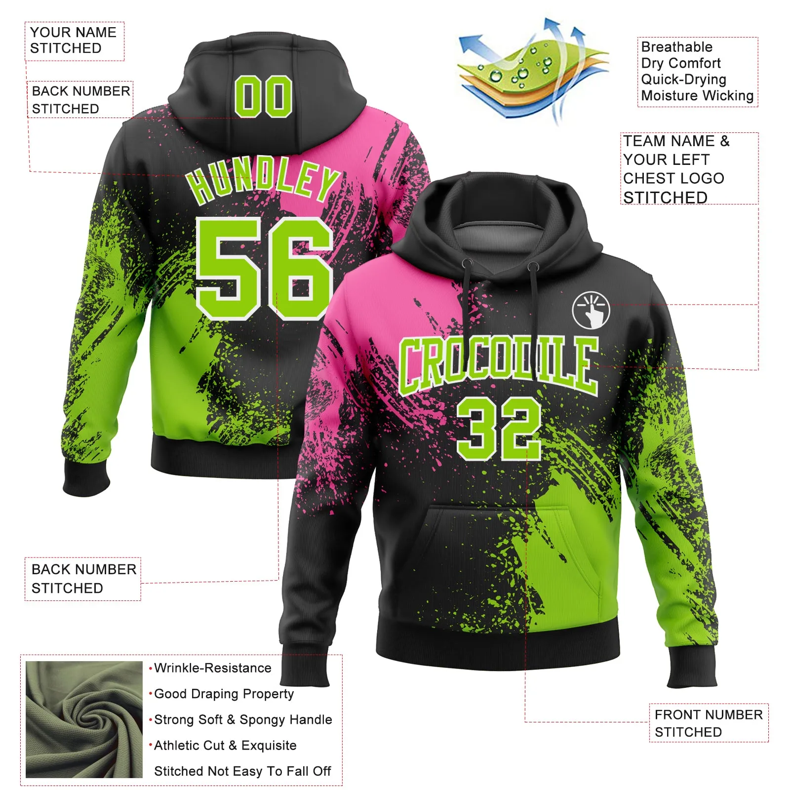 Custom Stitched Black Neon Green-Pink 3D Pattern Design Abstract Brush Stroke Sports Pullover Sweatshirt Hoodie