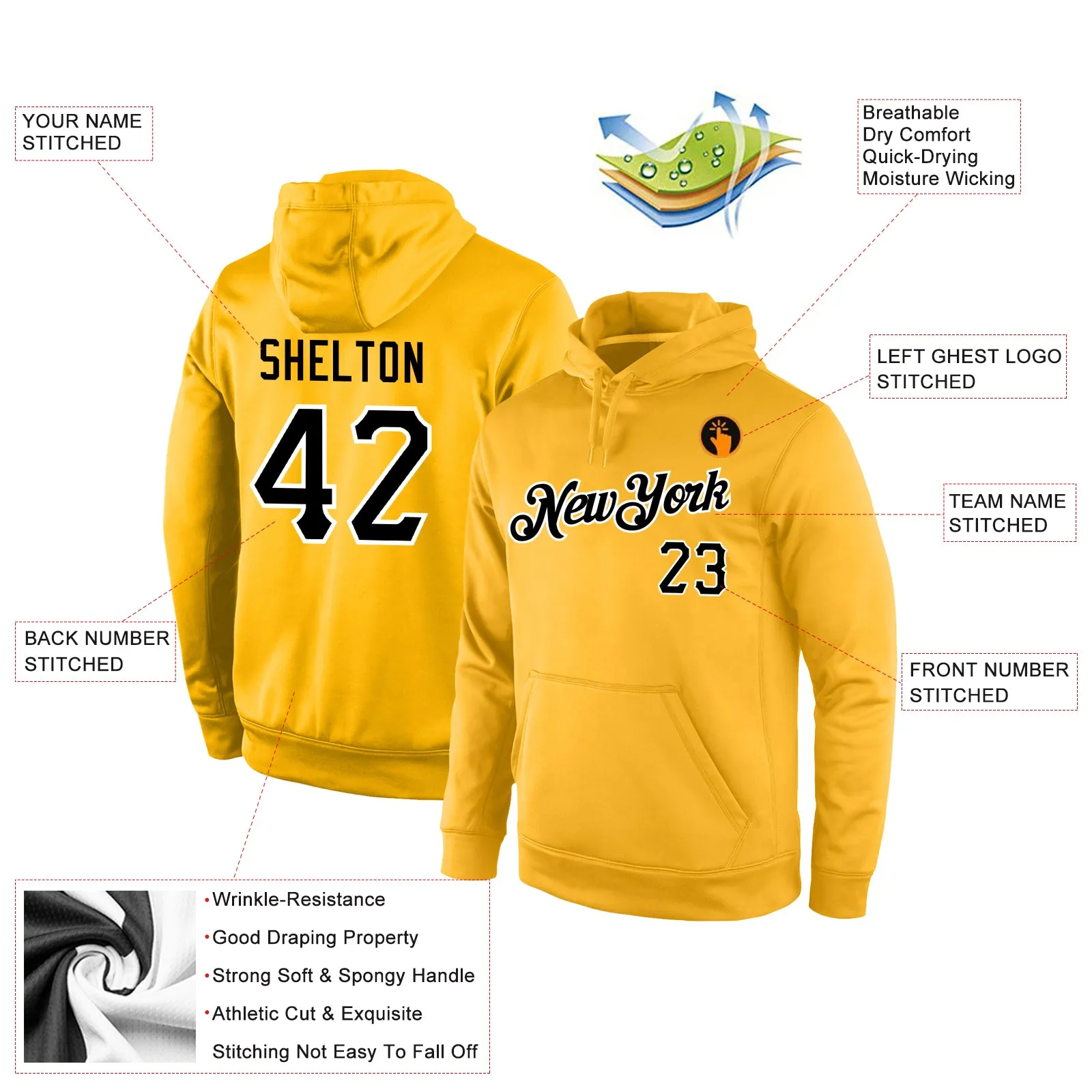 Custom Stitched Gold Black-White Sports Pullover Sweatshirt Hoodie