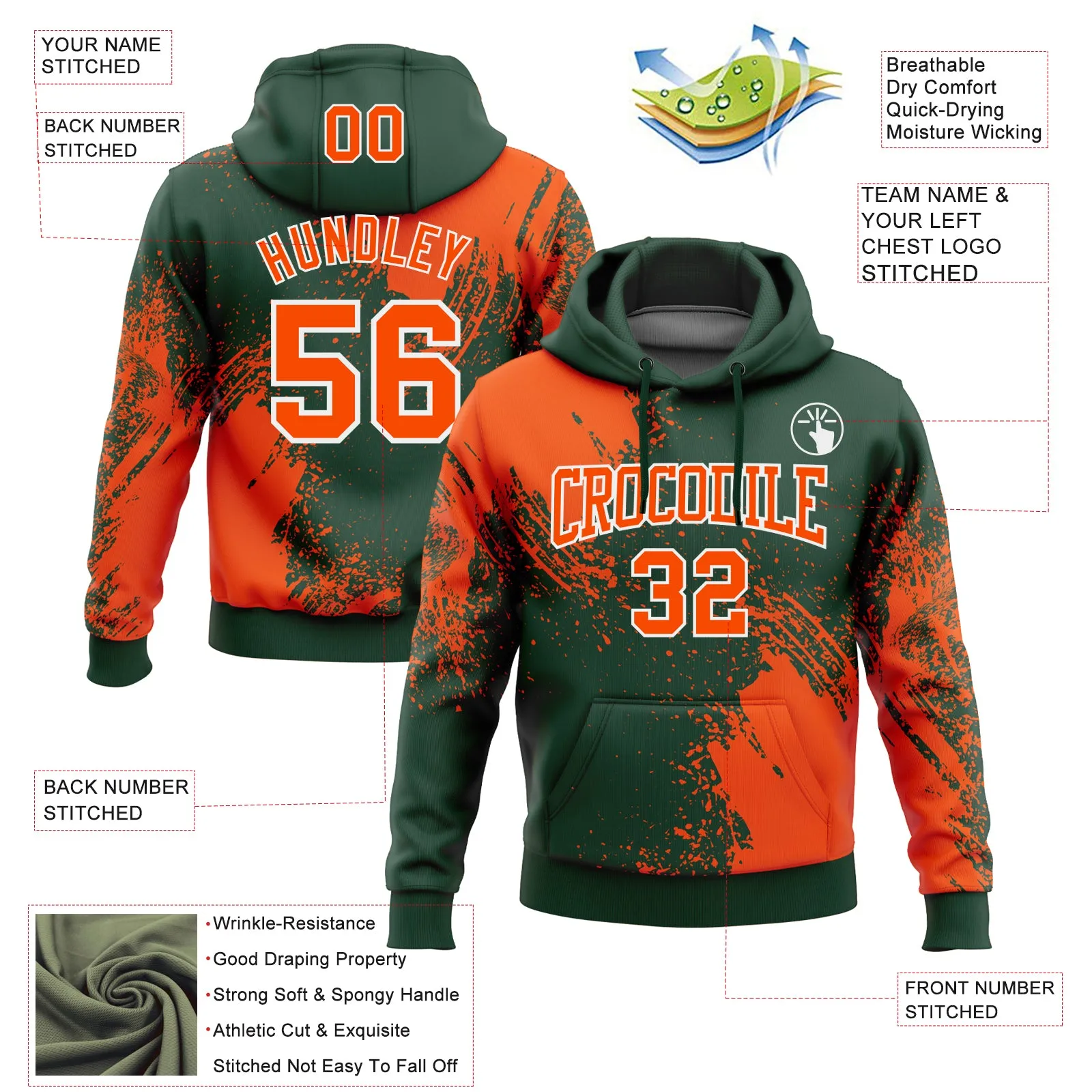 Custom Stitched Green Orange-White 3D Pattern Design Abstract Brush Stroke Sports Pullover Sweatshirt Hoodie