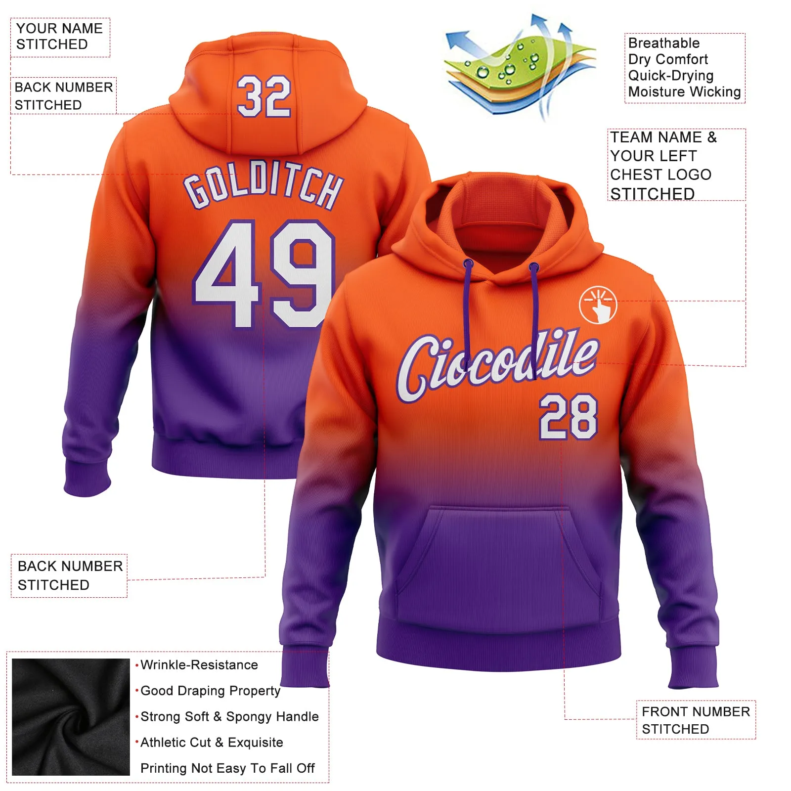 Custom Stitched Orange White-Purple Fade Fashion Sports Pullover Sweatshirt Hoodie