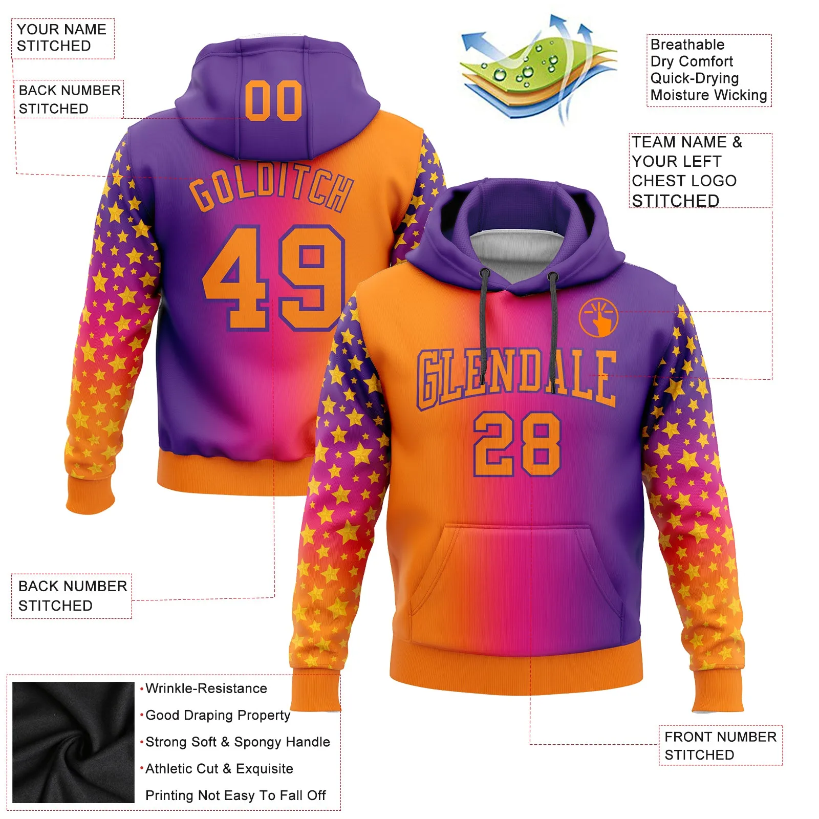 Custom Stitched Purple Bay Orange-Hot Pink Gradient Fashion Star Sports Pullover Sweatshirt Hoodie