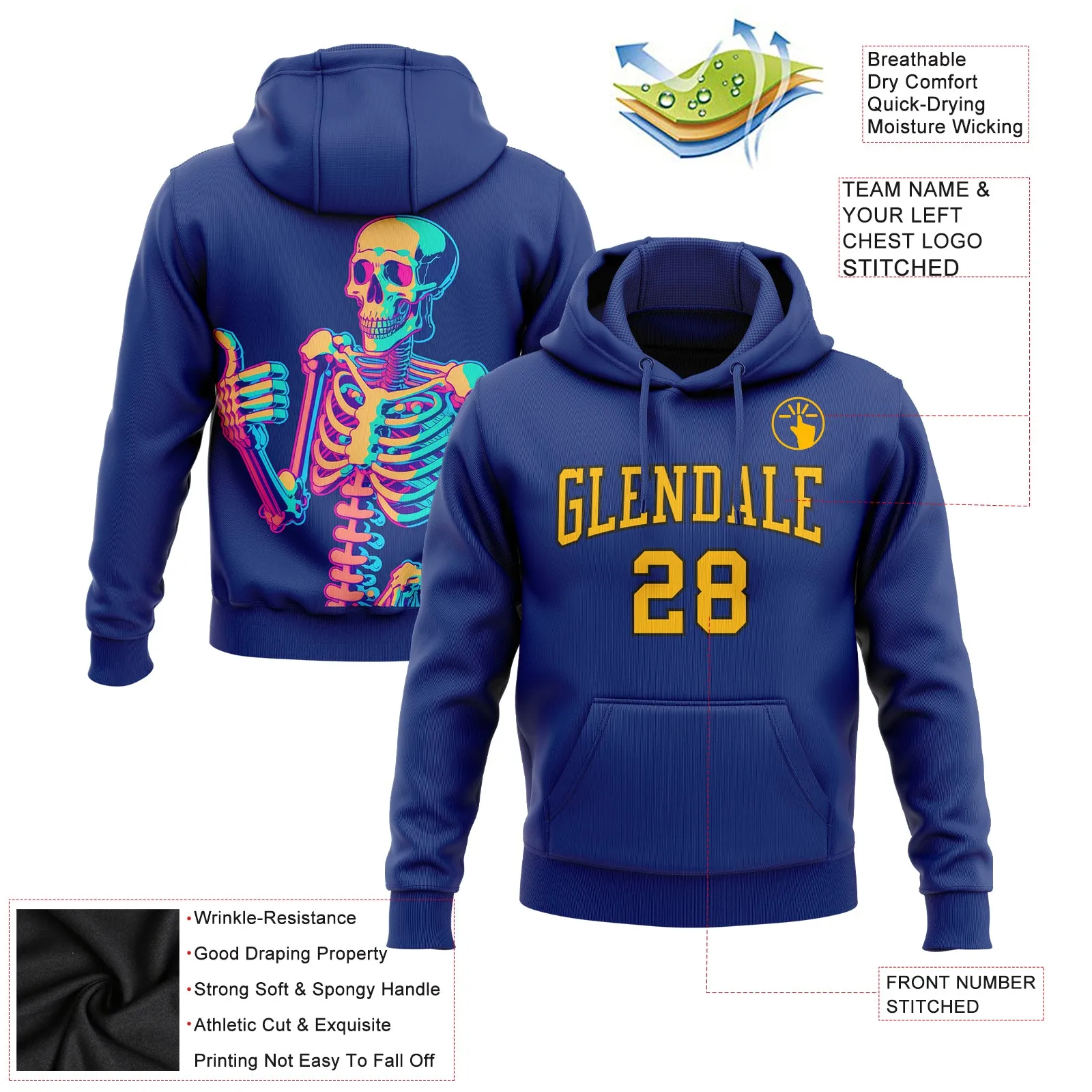 Custom Stitched Royal Gold-Black 3D Skull Fashion Sports Pullover Sweatshirt Hoodie