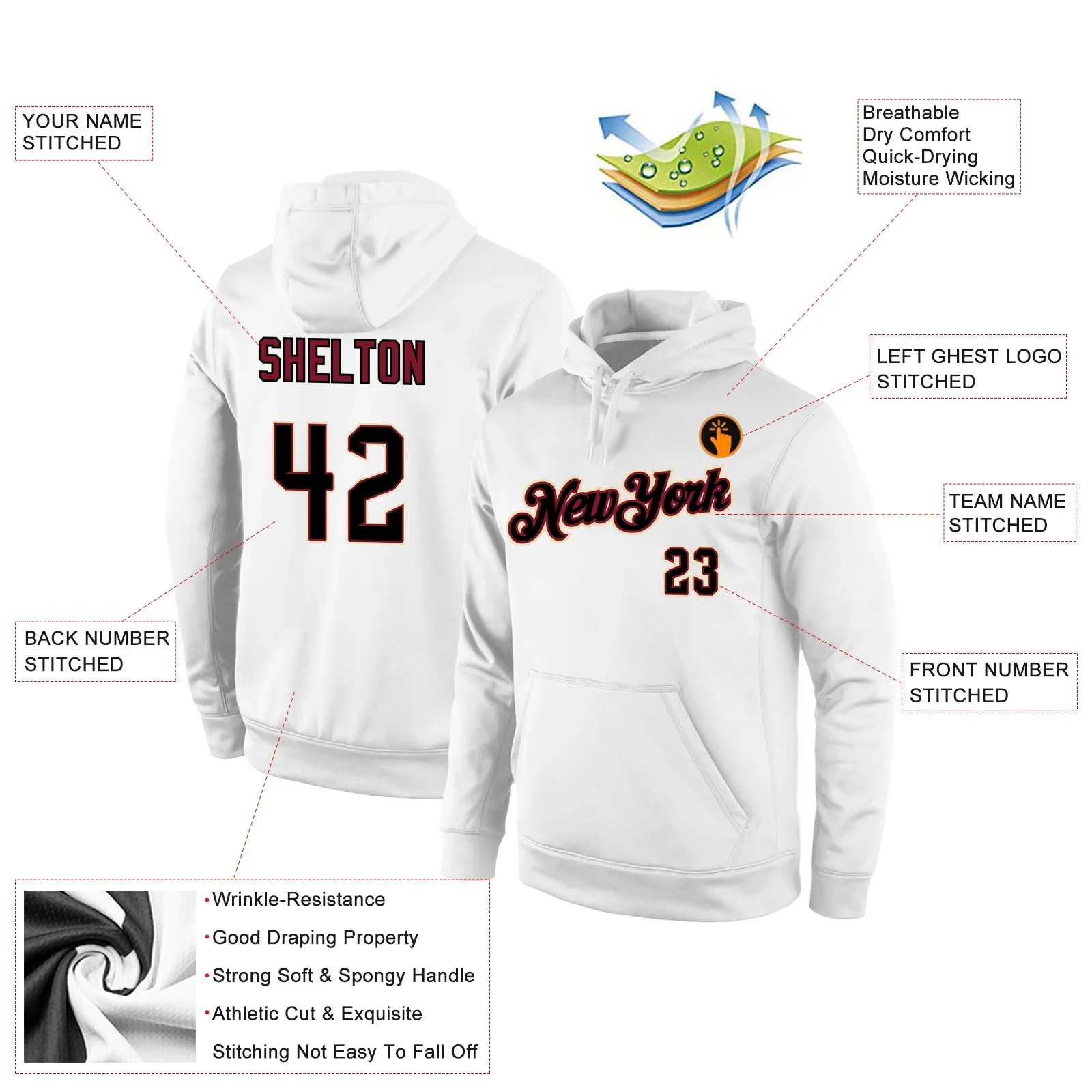 Custom Stitched White Black-Crimson Sports Pullover Sweatshirt Hoodie