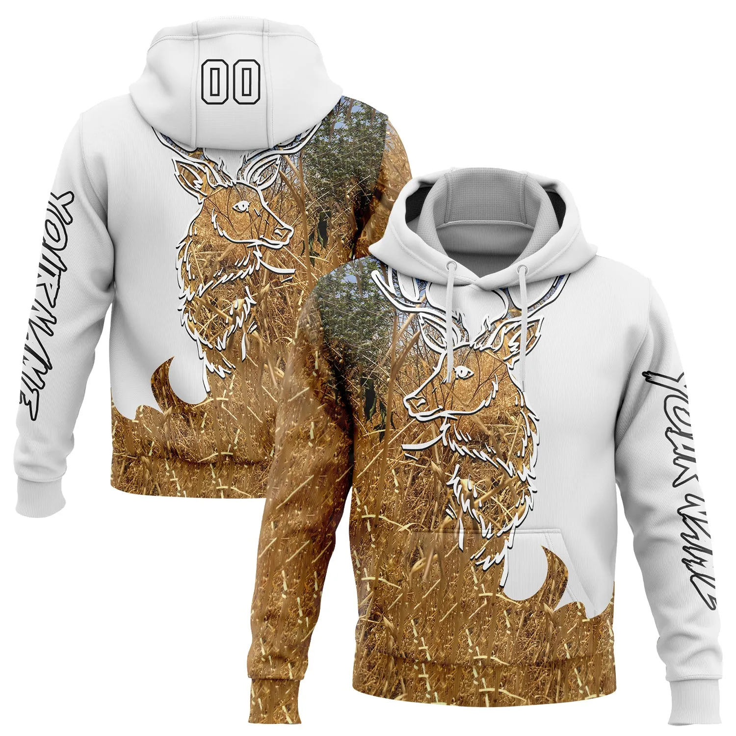 Custom Stitched White Black-Old Gold 3D Deer Hunting Sports Pullover Sweatshirt Hoodie