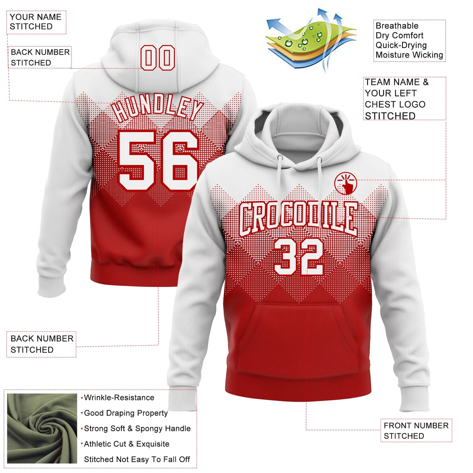 Custom Stitched White Red 3D Pattern Design Gradient Square Shape Sports Pullover Sweatshirt Hoodie