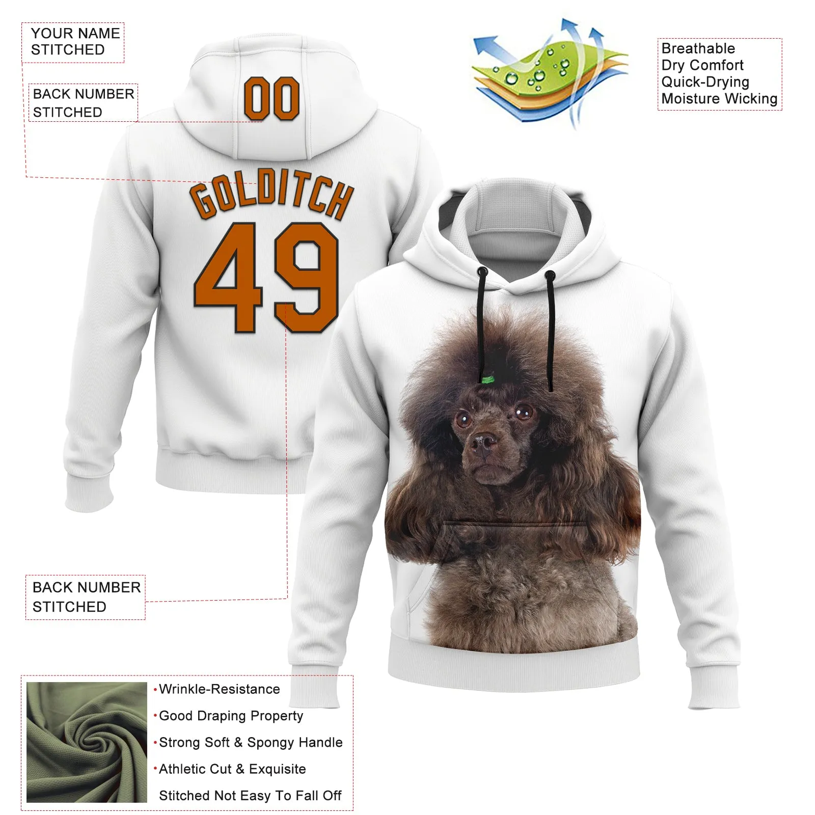 Custom Stitched White Texas Orange-Black 3D Pattern Design Poodle Dog Sports Pullover Sweatshirt Hoodie