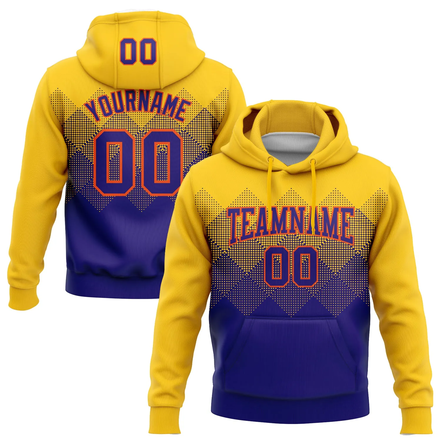 Custom Stitched Yellow Dark Purple-Orange 3D Pattern Design Gradient Square Shape Sports Pullover Sweatshirt Hoodie