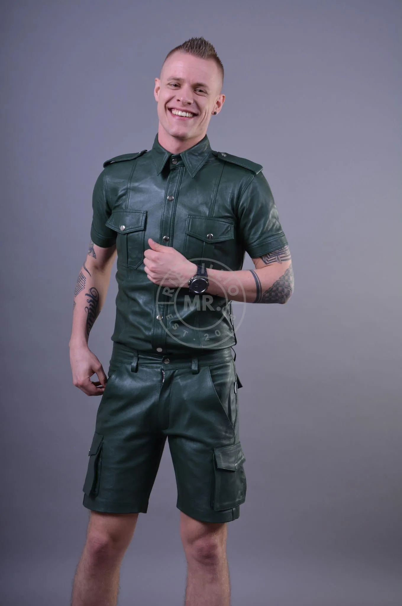 Dark Green Leather Cargo Short