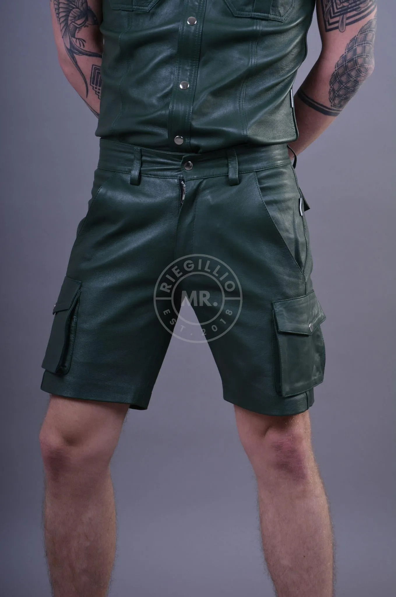 Dark Green Leather Cargo Short