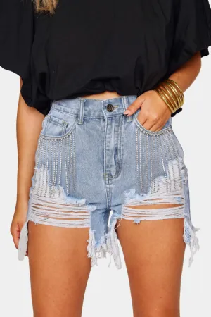 Elvis Crystal Fringe Denim Shorts Light Wash