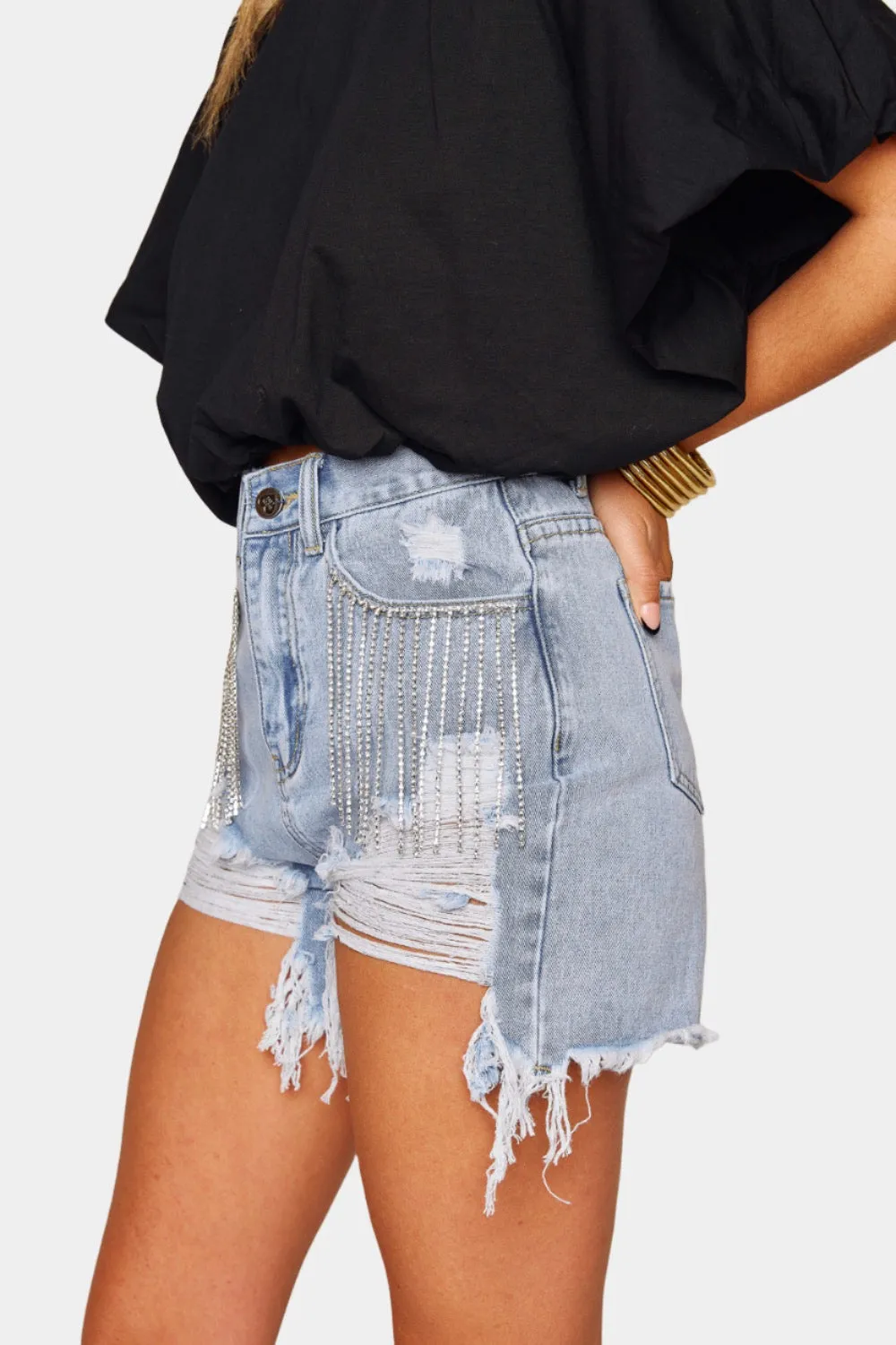 Elvis Crystal Fringe Denim Shorts Light Wash