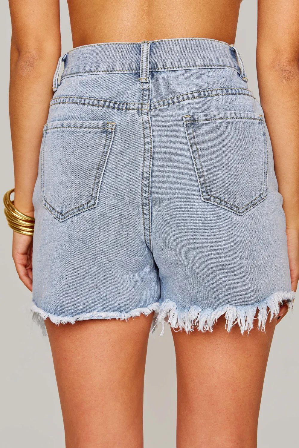 Elvis Crystal Fringe Denim Shorts Light Wash