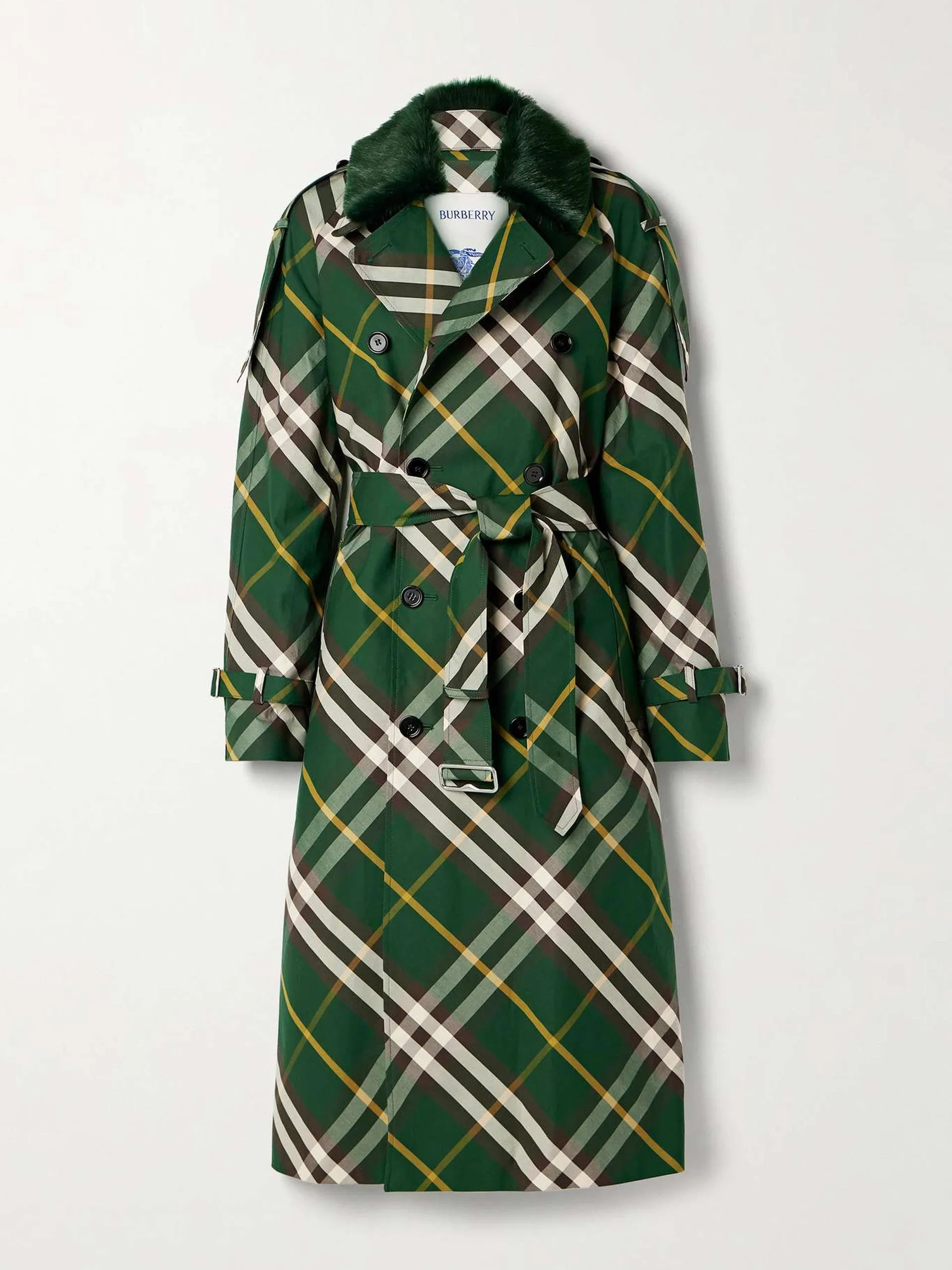 Faux fur-trimmed checked cotton-gabardine trench coat