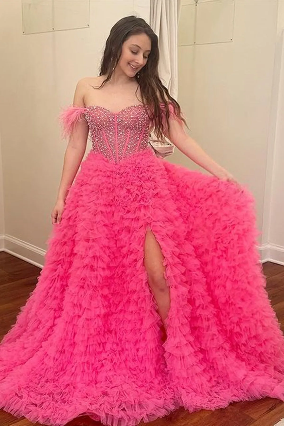 Gorgeous Off Shoulder Beaded Pink Long Prom Dress, Off the Shoulder Pink Formal Evening Dress, Pink Ball Gown A1769