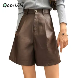 Graduation Gifts Faux Leather Bermuda Shorts Vintage Chic Imitation PU Shorts Women Fall Winter Wide Leg Loose Casual Shorts Black S-2XL