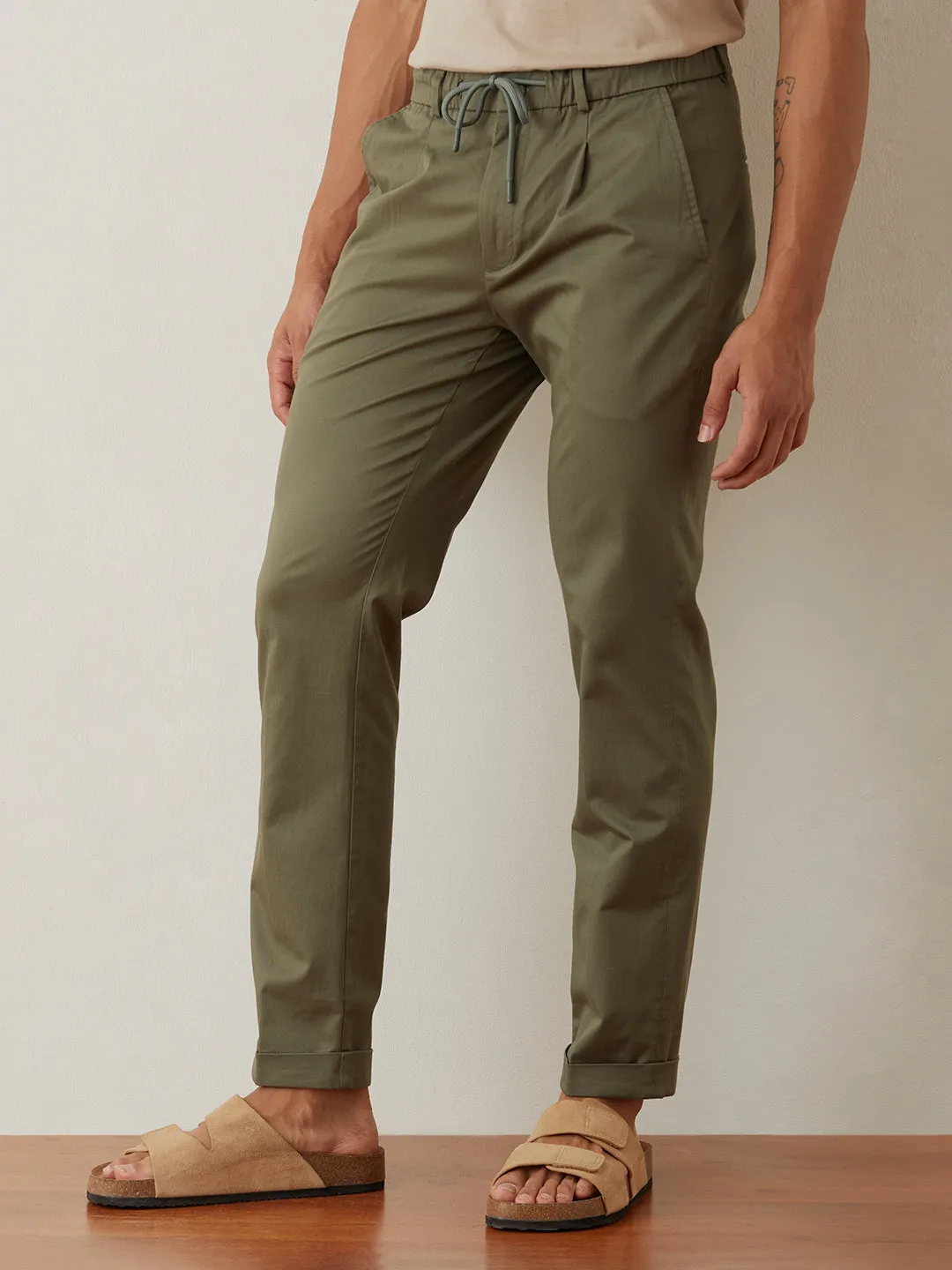 Green Plain Cotton Loose Pants