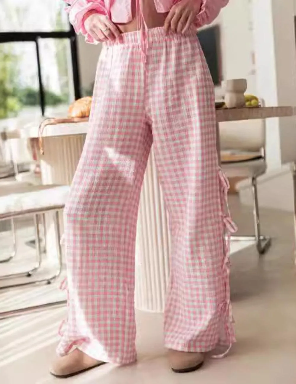 Ladies Gingham Elastic Waist Wide Leg Pants 60052