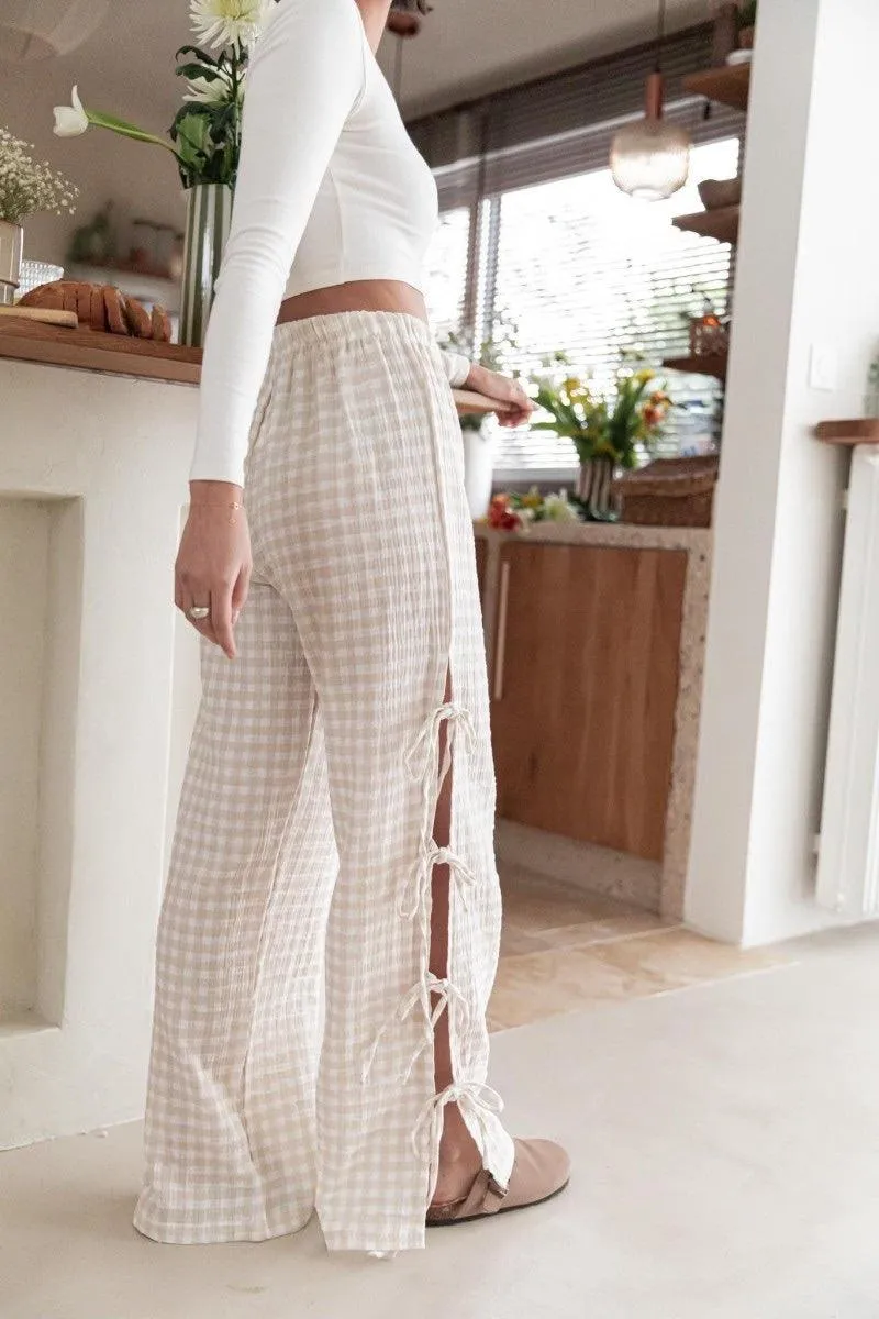 Ladies Gingham Elastic Waist Wide Leg Pants 60052