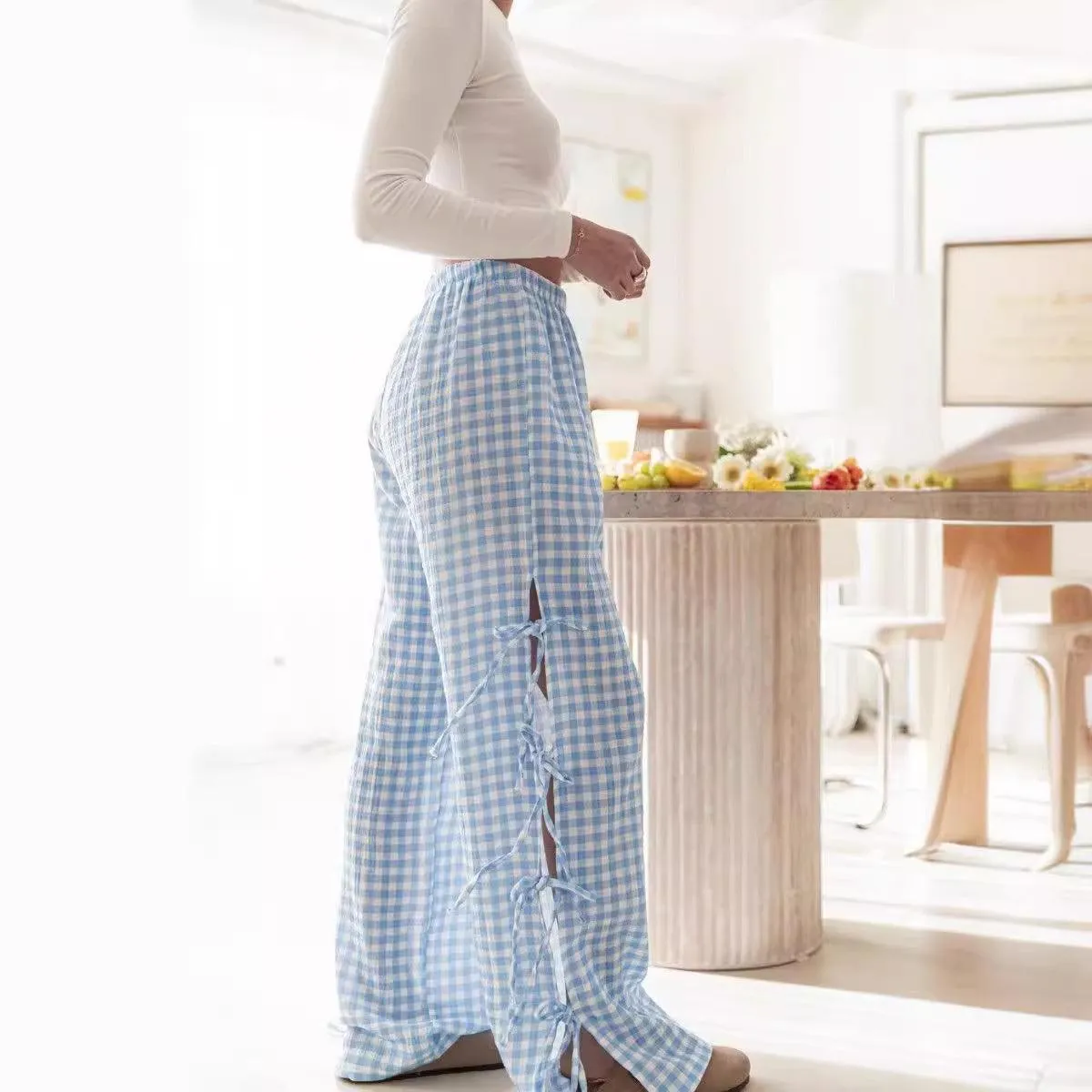 Ladies Gingham Elastic Waist Wide Leg Pants 60052