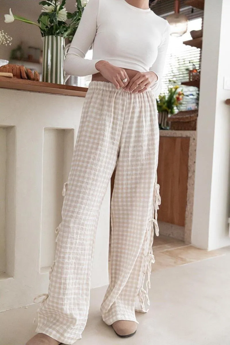 Ladies Gingham Elastic Waist Wide Leg Pants 60052